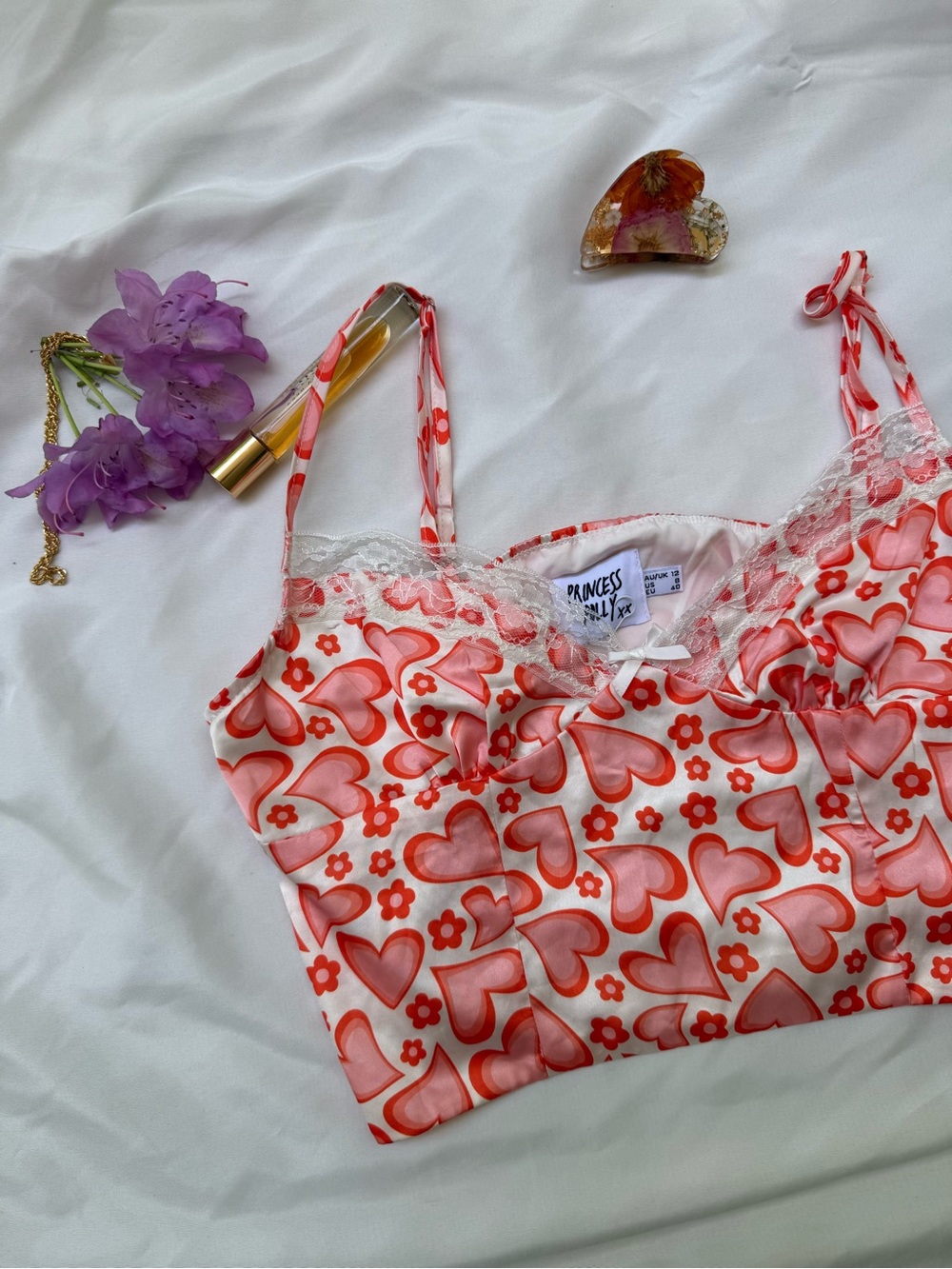 Princess Polly Heart Print Lace Trim Satin Cami Crop Top Pink US 8